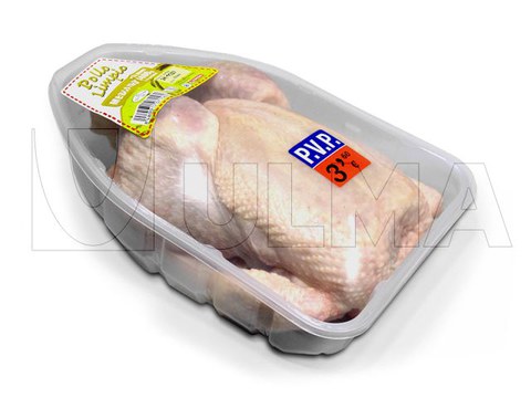 Confezionamento di pollo intero in vaschetta termosaldata in atmosfera modificata (MAP)