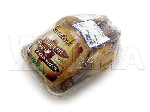 Confezionamento di pollo arrosto intero con vaschetta in flow pack con film retraibile barriera BDF