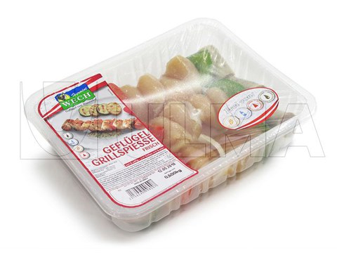 Confezionamento di spiedini di pollo in termosaldato con atmosfera modificata (MAP)