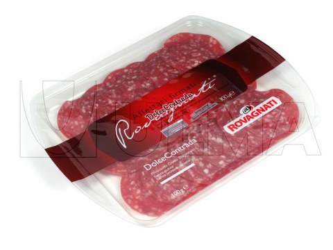 Confezionamento affettati in termoformato con atmosfera modificata e film rigido.