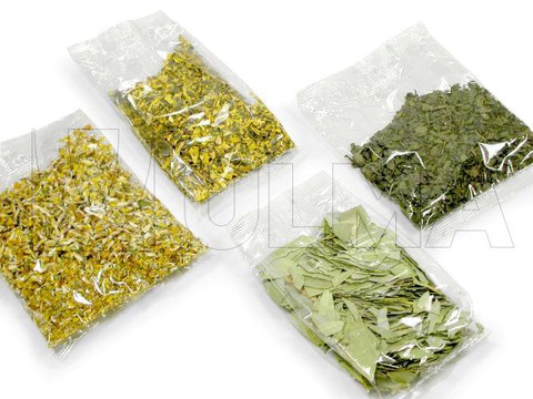 Confezionamento di fiori secchi per infusioni in buste a cuscino e piega inglese con perforatore da 10 mm