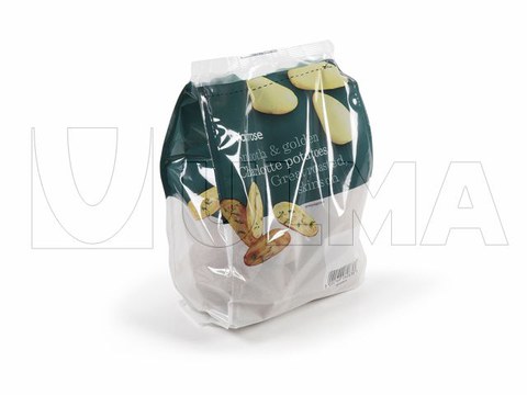 Confezionamento di patate in fondo stabile e saldatura 4 angoli