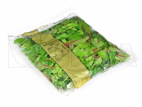 Confezione verticale con atmosfera modificata(MAP) e film BOPP per foglie di spinaci e rucola