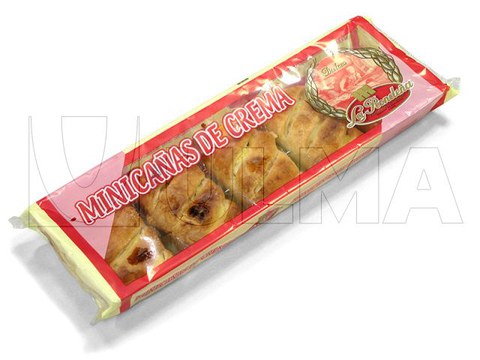 Confezionamento di mini brioches di sfoglia con crema in vaschetta in flow pack (hffs)