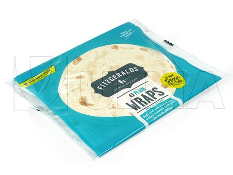Confezionamento con etichetta adesiva per tortillas messicane in flow pack (hffs) e atmosfera modificata.
