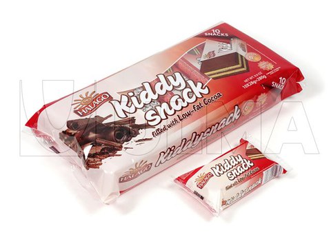 Confezionamento unitario e multiplo di biscotti di cioccolato Kiddy Snack in flow pack (hffs)