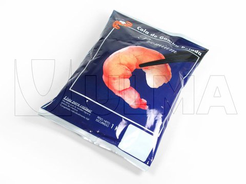 Confezione gamberi congelati in sacchetto a cuscino e pellicola laminata